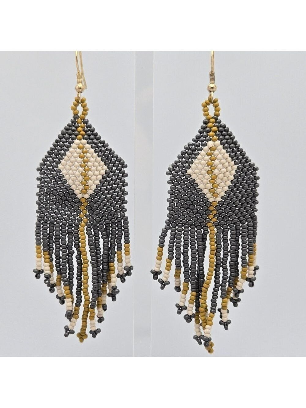 Ink + Alloy Handmade Grey Gold Beaded Fringe Designer Earrings 3.5''